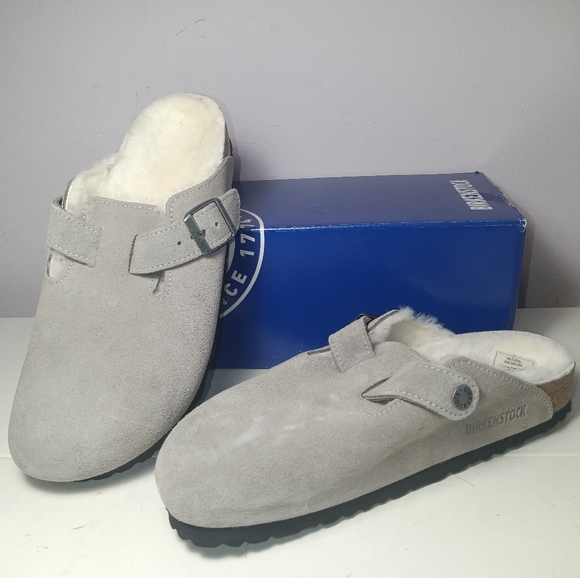 BIRKENSTOCK BOSTON SHEARLING SUEDE LEATHER STONE COIN GRAY NEW! SZ 38